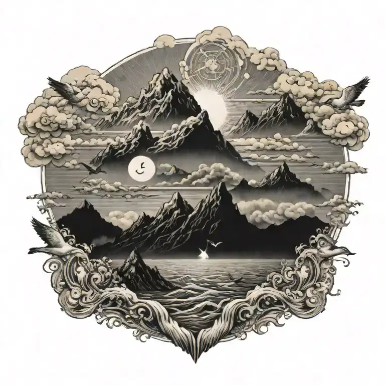 Large Mountain With Sun Clouds And Birds Surrounded By Waves Of Flood Water