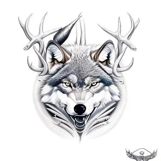 Masculine Wolf With Deer Antler On Bottom And Fish Hook On Bottom