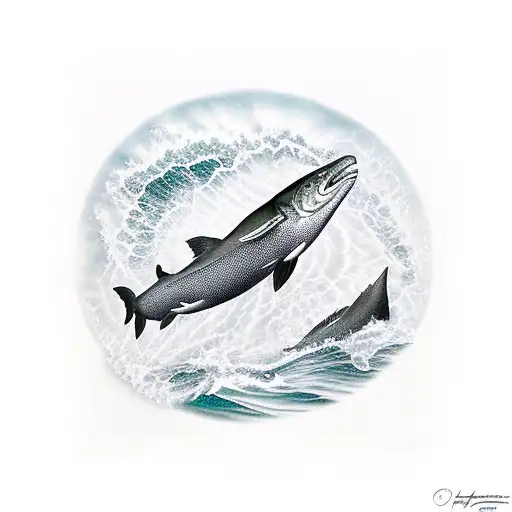 Ocean In Hakai Pass With Salmon Jumping And Eagle Flying Over