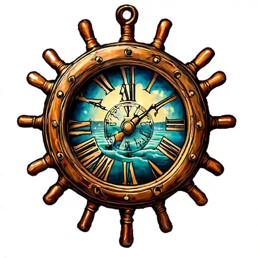 Ships Wheel With Clock