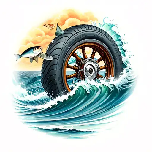 Motorcycle Tire In Ocean Waves Forming Fish Jumping In A Ships Wheel