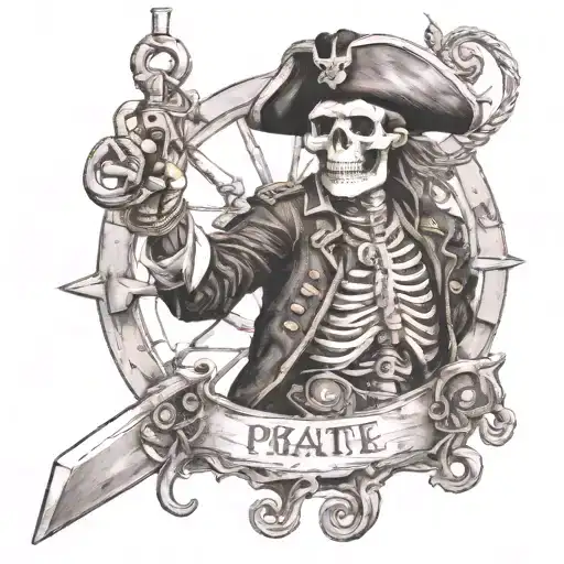 Skeleton Of A Pirate With A Pistol At The Helm Of A Ship