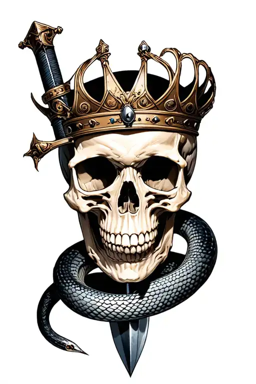 Crowned Anatomical Skull Pierced With Sword Wrapped By Snake
