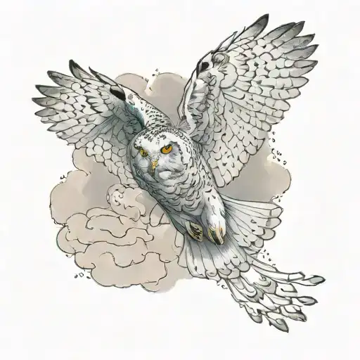 Snow Owl Flying Through Cloudy Sky