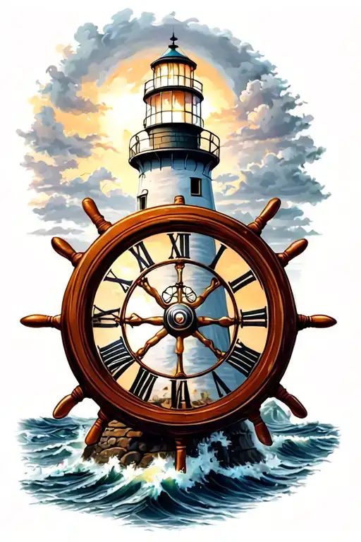 Ships Wheel With Clock Inside On A Lighthouse