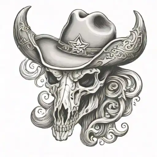 Texas Long Horn Skull Wearing A Cowboy Hat With The Texas Star On The Hat