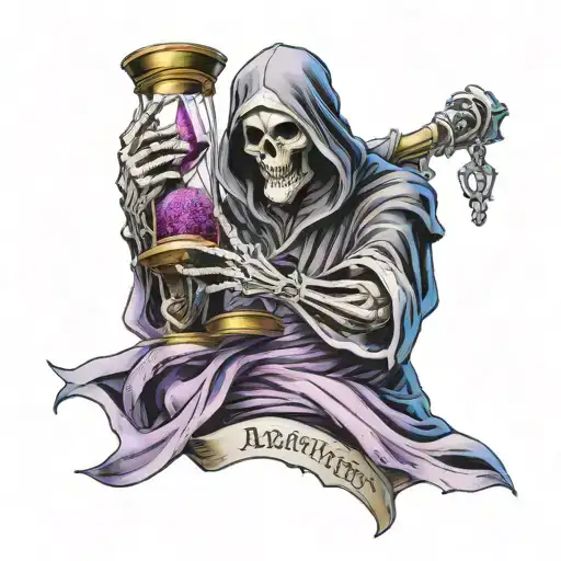 Grim Reaper With His Hand Stretched Out Holding A Hourglass With Purple Sand