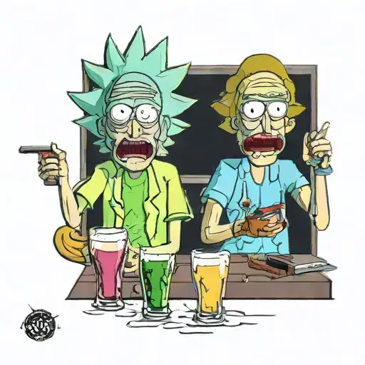 A Realistic Portrait Of Rick And Morty Enjoying A Glass Of Their Favorite Alcohol Together