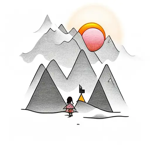 Little Girl Standing In Front Of Lake With Small Mountains In The Distance And A Sunset