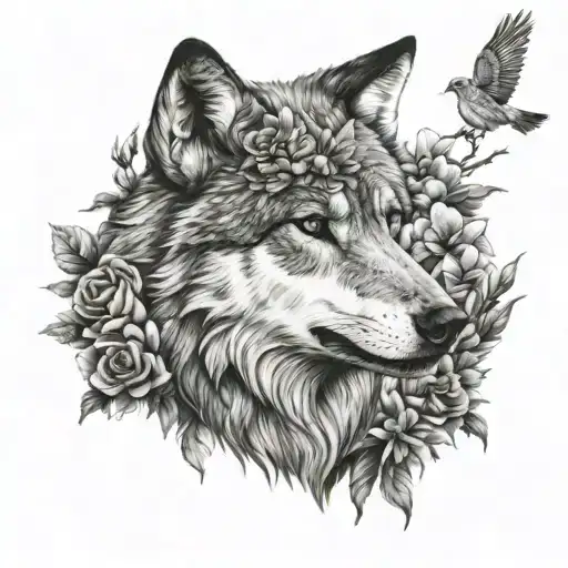 Half Wolf Head And Half Flowers And Birds