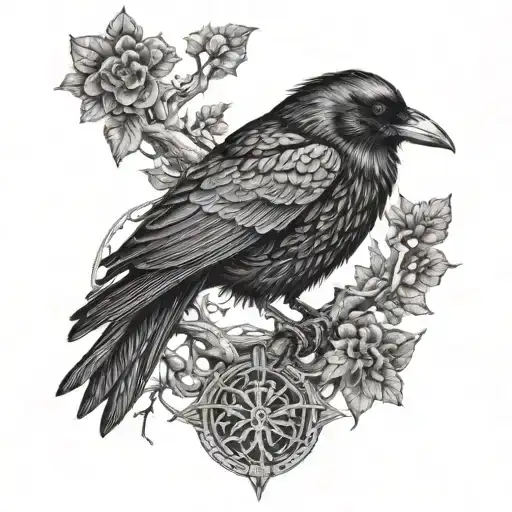 A Dotwork Tattoo Of A Raven Perched On A Branch With Intricate Viking Knotwork Designs