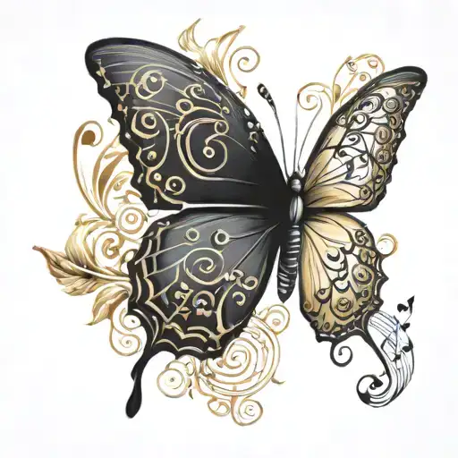 Black Butterfly And Gold Butterfly Tattoo Design Incorporating Musical Notes