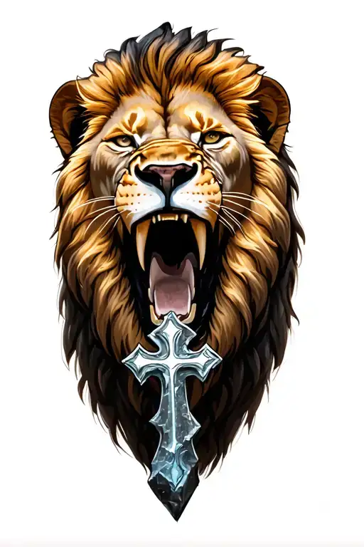 Lion Head Roaring Lion And Rock With Cross In Its Mouth