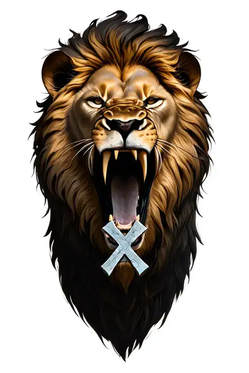 Lion Head Roaring And Rock And Cross In Its Mouth
