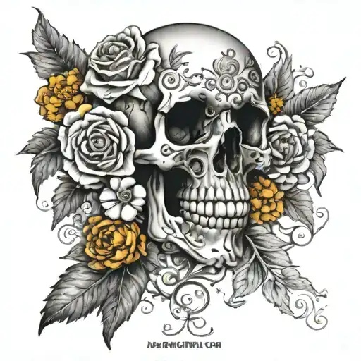 A Traditional Design Featuring A Skull Adorned With Intricate Rose And Marigold Patterns