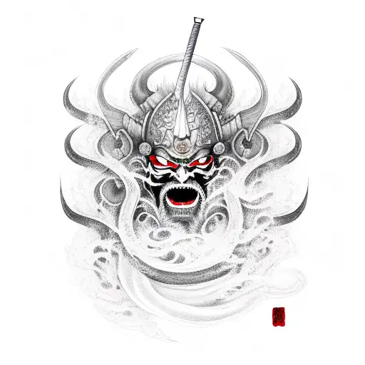 Japanese Samurai Demon With Flames And Waves And Swords Background