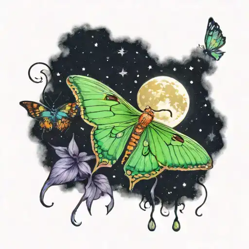 Luna Moth In The Night Sky Under A Rising Moon And Fireflies