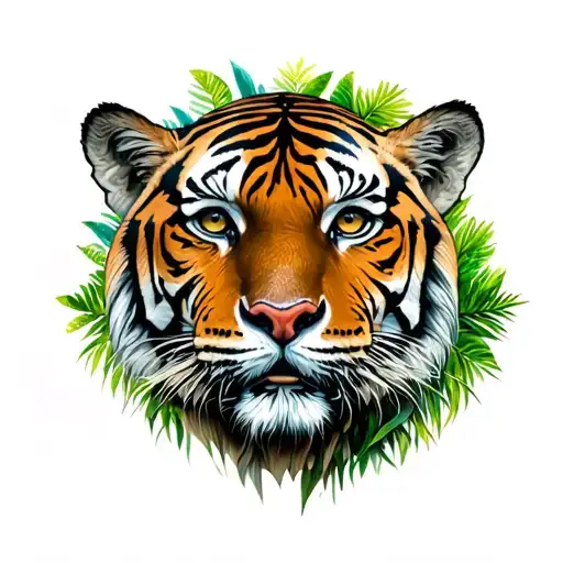 Tiger Face Surrounded By Jungle Forest With Trees