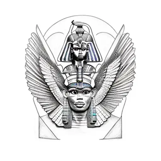 Half Egyptian Winged Sphinx And Half Aztec Winged Sphinx In Front Of Aztec And Egyptian Pyramids