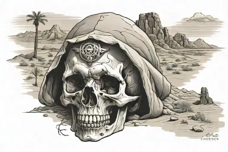 Skull In A Desert With Hieroglyphs In The Head