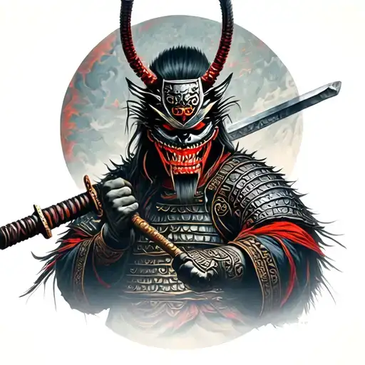 Samurai Warrior Holding Sword Wearing Oni Mask Looking