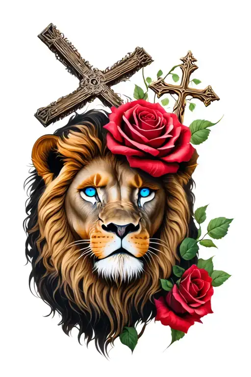 Rose And Cross And Lion With Blue Eyes Surrounded
