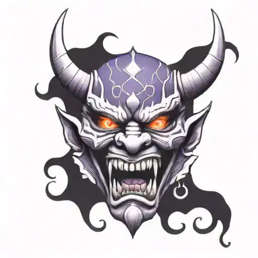 Grand Oni Mask With Purple Accents Inside A Diamond Outline