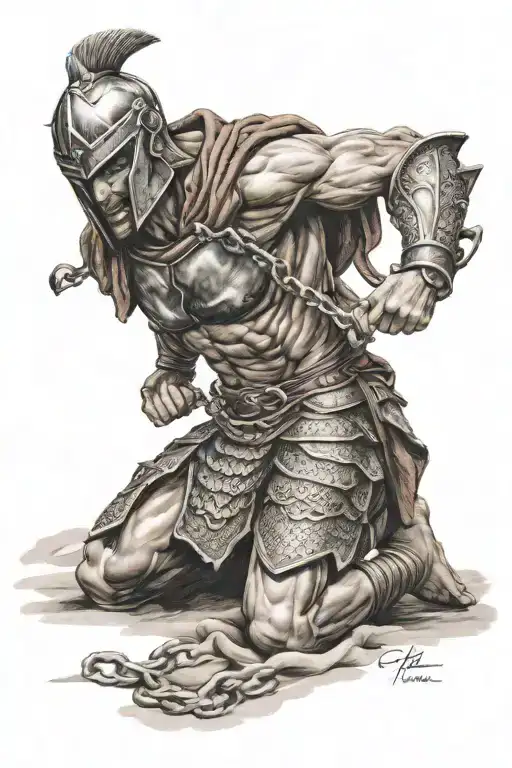 Spartan Warrior Breaking Loose From Chain On Knees