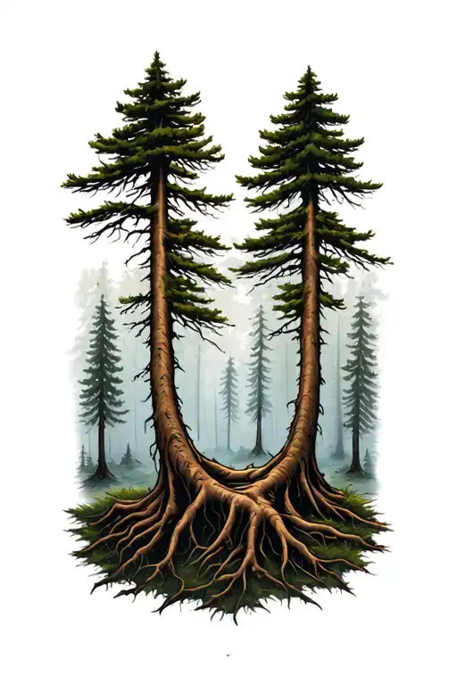 Tall Skinny Pine Trees Forest Landscape With Long Roots