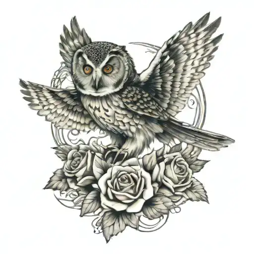 An Wild Owl With Open Wings That Has In His Feet Grab A Rose