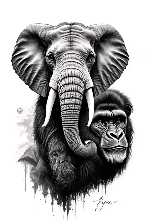 Elephant Head With A Lion Head And A Gorilla Head On Either Side