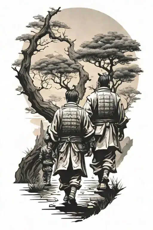 Samurai And Son Walk To A Big Tree View From Behind