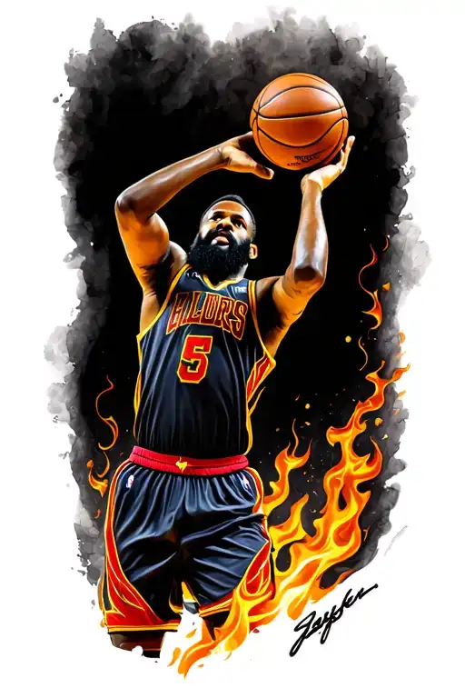 A Tattoo Of James Harden Shooting A Basketball With Flames In The Background
