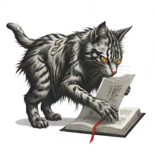 Cat Eating Deathnote Notebook While It Shows Pages With Kanji Written On It