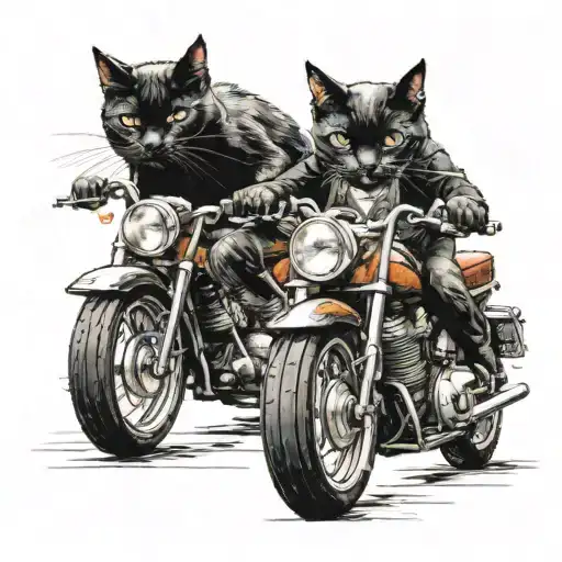 Black Cat Rides A Motorcycle While The Passanger Cat Is Seating In The Back Scared Eating A Notebook