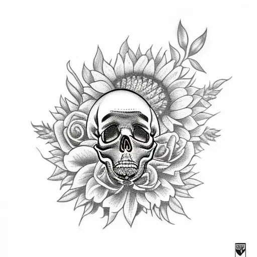 A Skull Surrounded By Sunflowers And Roses