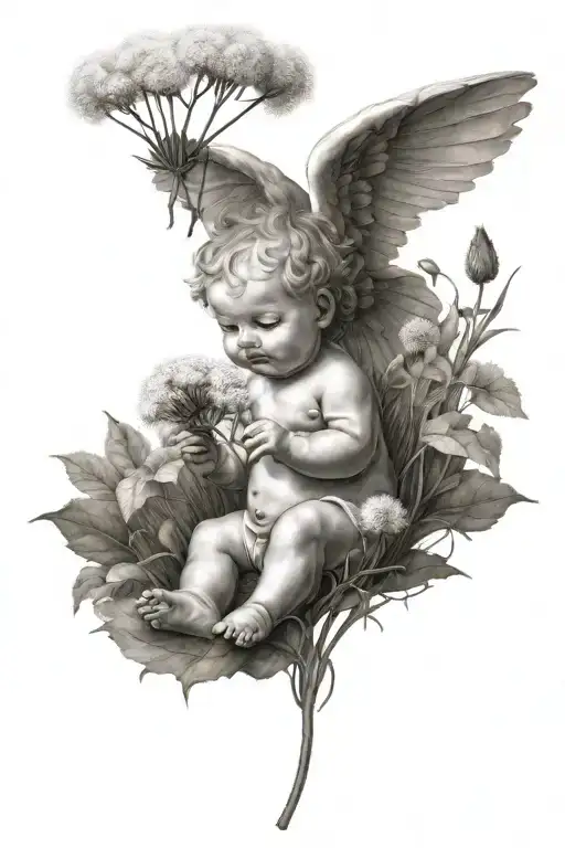 Cute Cherub Holding A Dandelion Flower In A Field