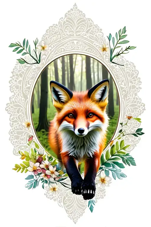 Floral Lace Background With Fox Running Through Forest