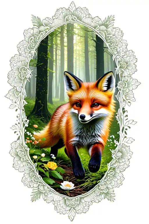 Floral Lace Background With Small Fox Running Through Forest