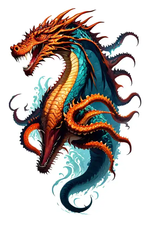 Sea Monsters Fight Dragon Whit Tentacles