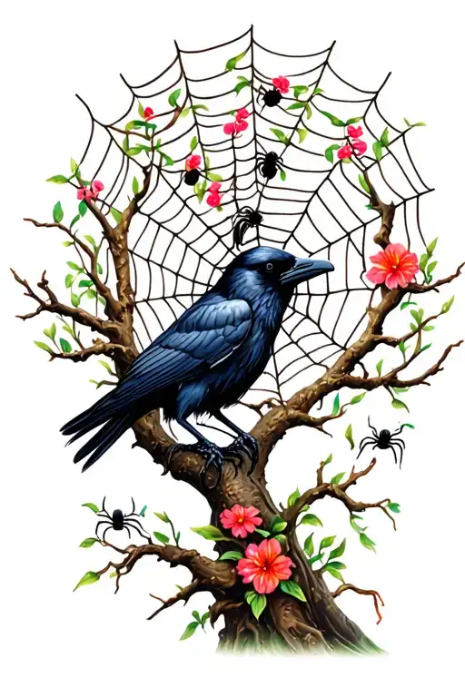 Raven On Tree With Spider Weaving A Web Between The Tree And Flowers