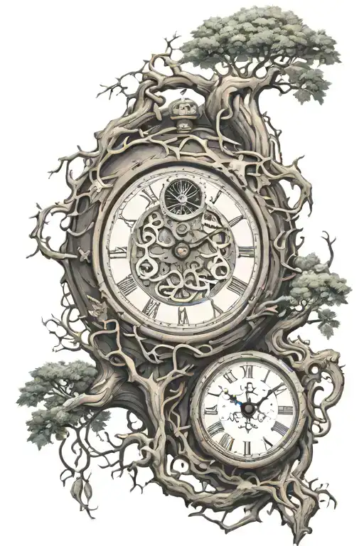 Yggdrasil With An Old Clock With Half The Face Missing Showing The Inside Workings Of The Clock