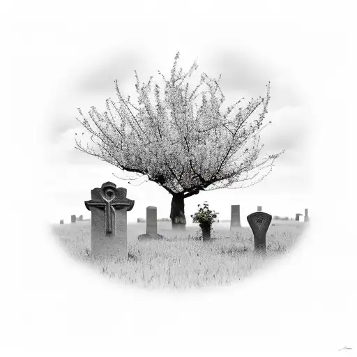 Graveyard With 2 Open Graves With A Rowan Tree In The Background And Reeds