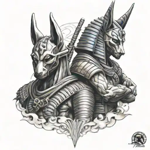 Anubis And Japanese Samurai Warrior