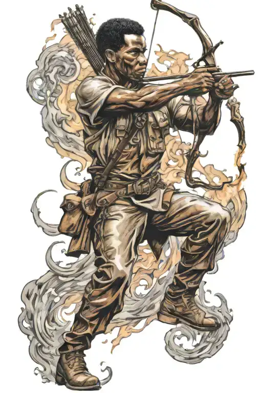 African American Sagittarius Archer Shooting Engulfed In Flames