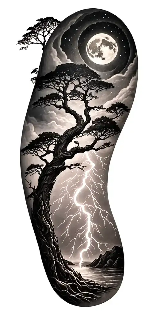 Viking Rume And Moon And Freya Goddes Tree And Lightning Bolt