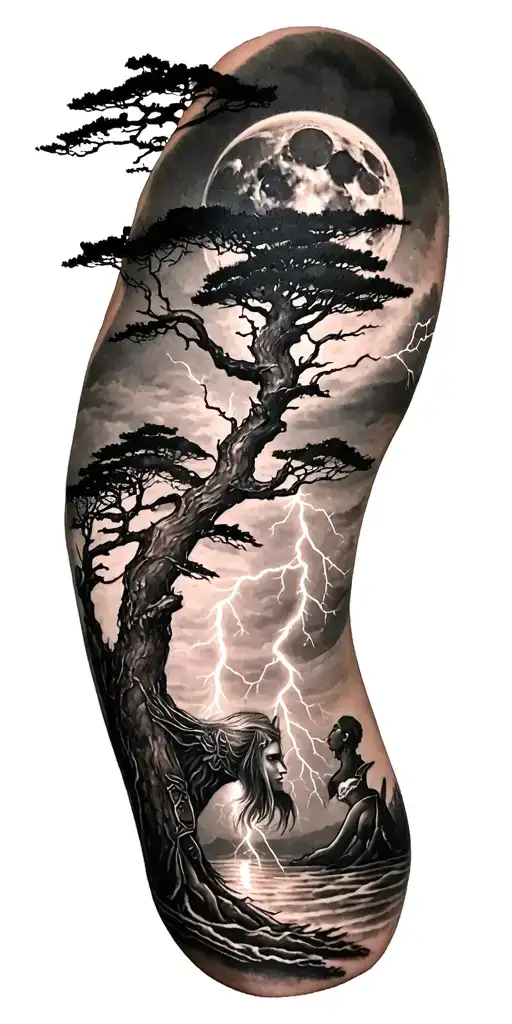 Viking Rume And Moon And Freya Goddes Body Tree And Lightning Bolt