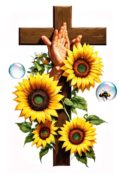 Cross Behind Praying Hands Two Sunflowers & A Bubble Bee