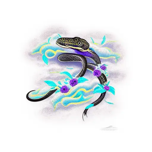 A Black Snake Tattoo On The Arm Surrounded By Purple Blossoms And Turquoise Feathers