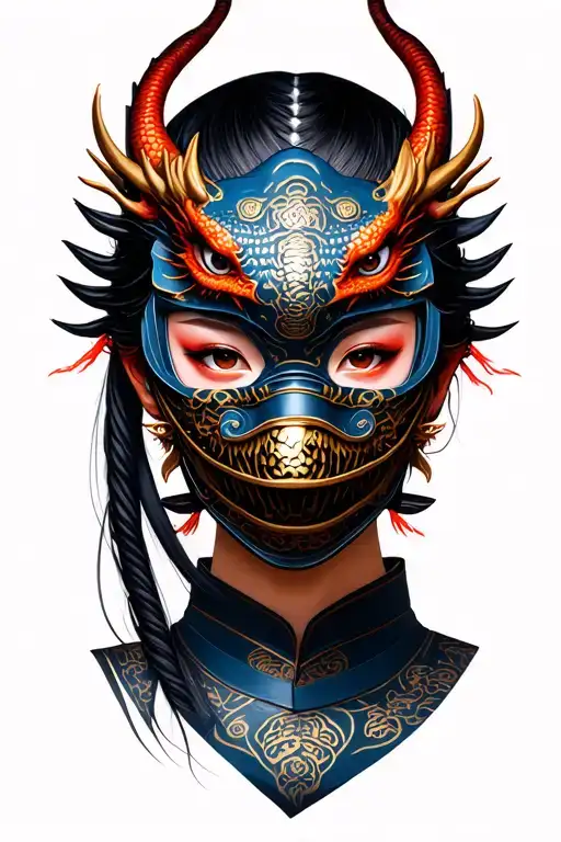 Beautiful Female Samurai With Dragon Mask Half Covering Her Face